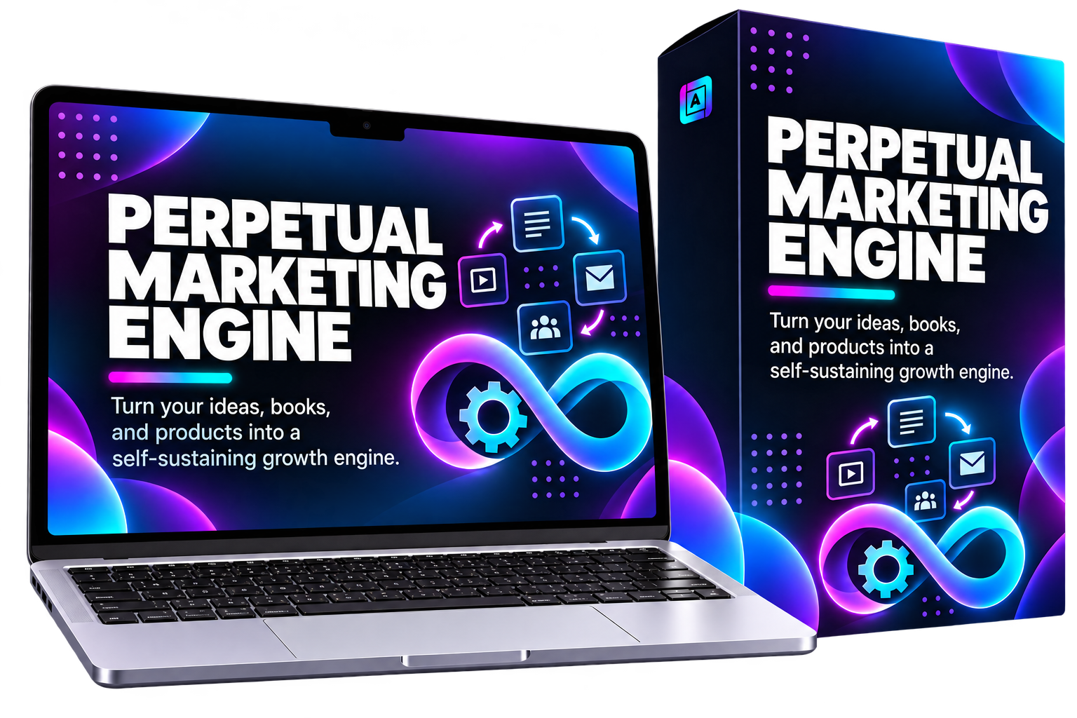 Perpetual Marketing Engine shown on a laptop and product box